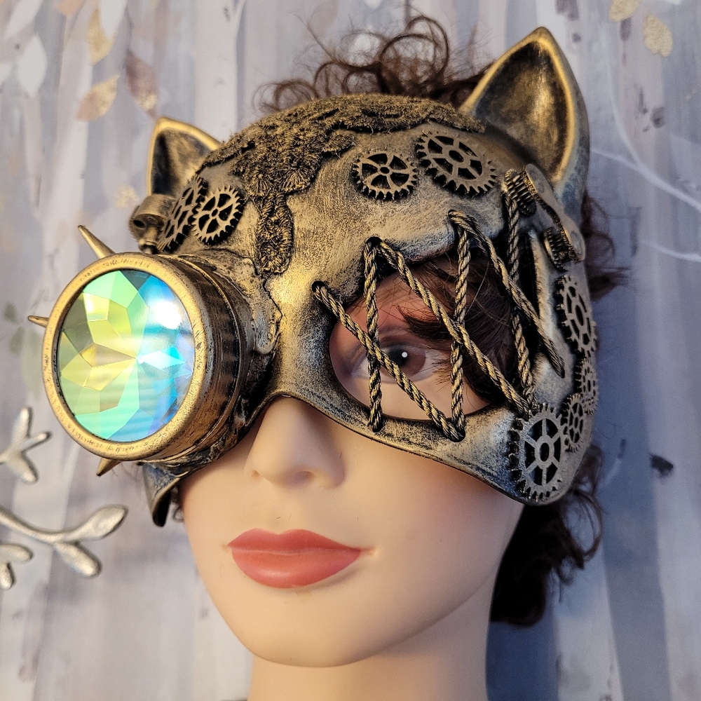 Cat Steampunk Mask Antiqued Gold-tone Lace, Spikes, & Gears Rainbow Kaleidescope - Picture 6 of 16